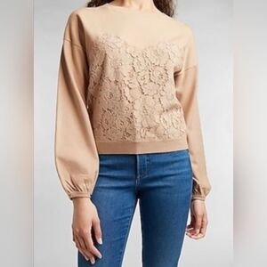 Express Tan Lace front sweater comfy cozy sweatshirt Boho Size Large NEW
